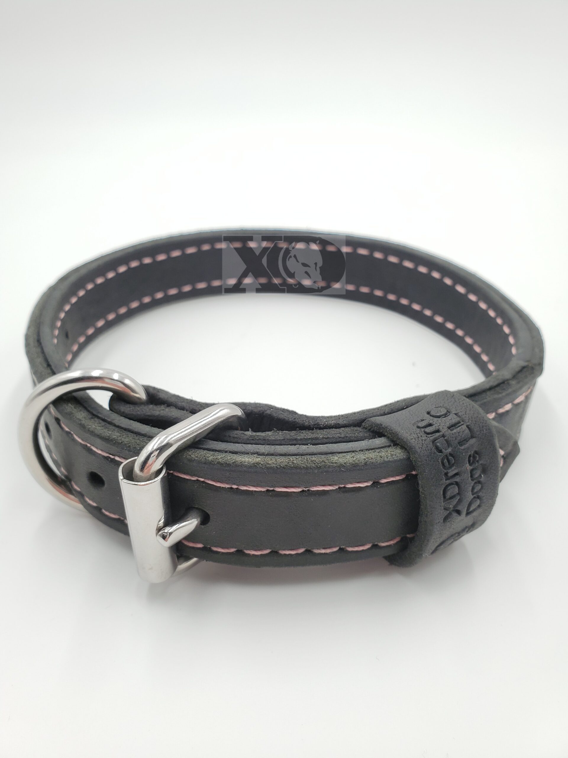 1" Black Latigo Leather 2-Ply, Heavy Duty Working Collar, Pink Stitch, Stainless Steel Hardware, Neck Size 14-18"