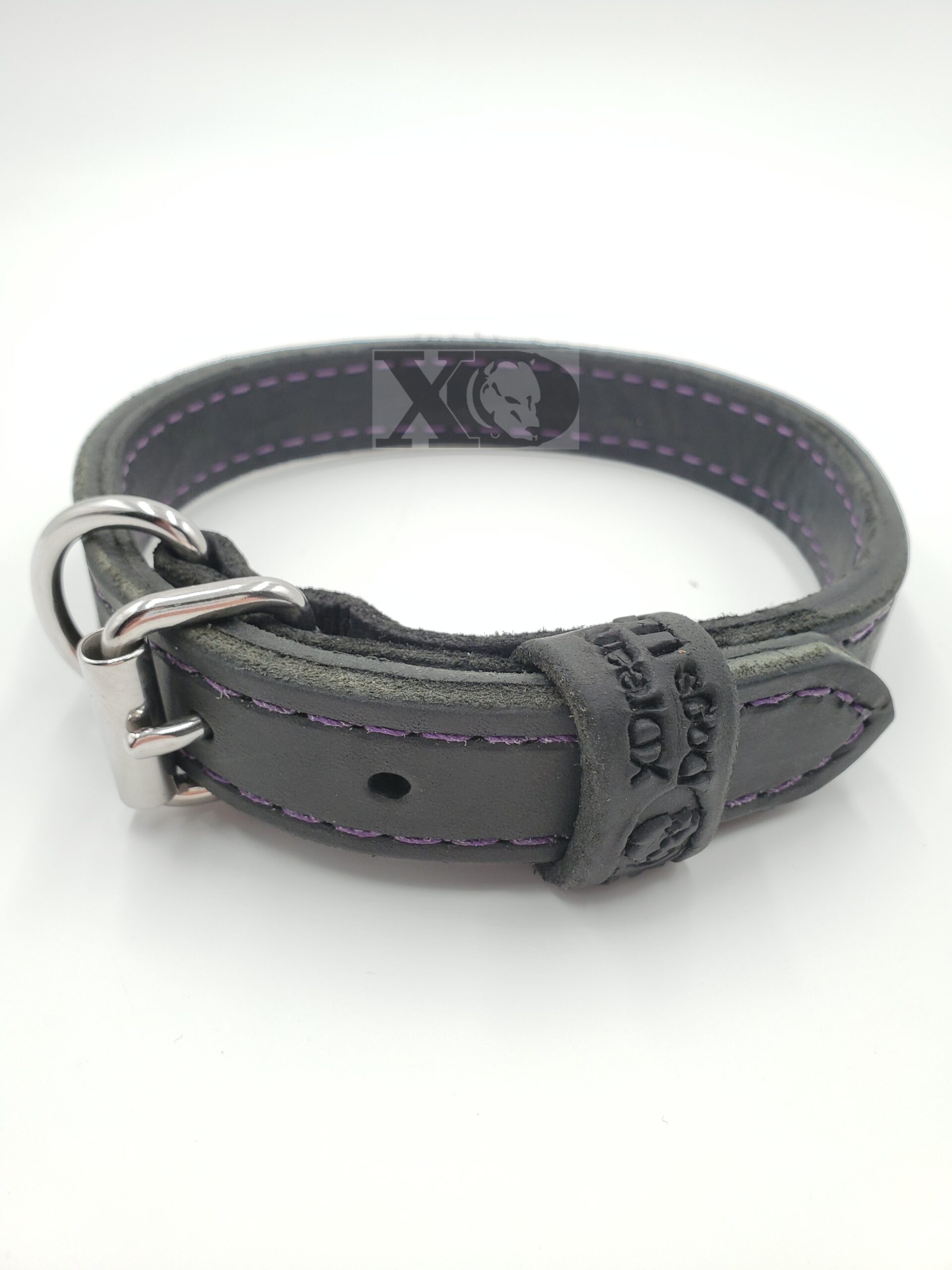 1" Black Latigo Leather 2-Ply, Heavy Duty Working Collar, Purple Stitch, Stainless Steel Hardware, Neck Size 15-19"