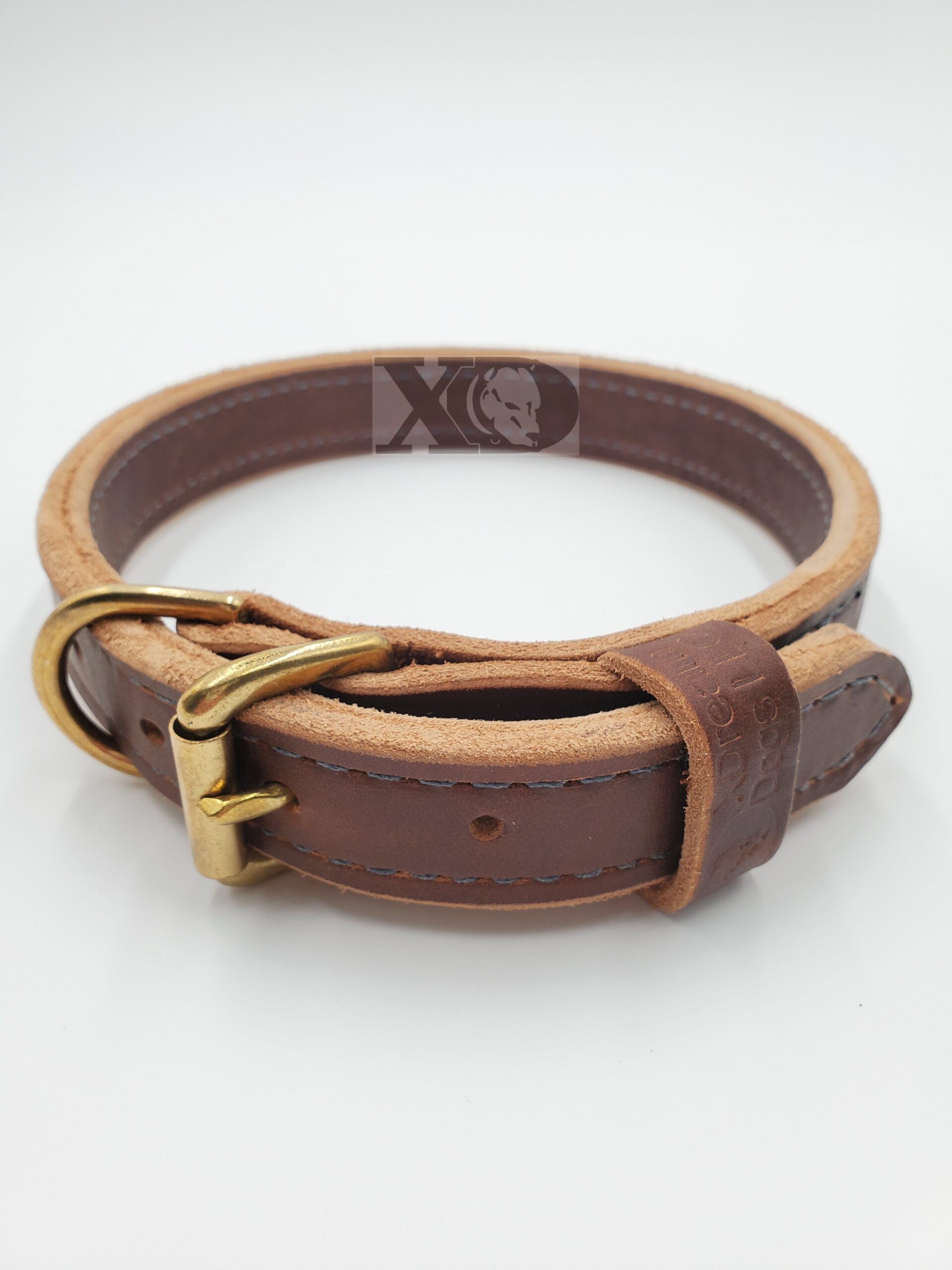 1" Brown Latigo Leather 2-Ply, Heavy Duty Working Collar, Grey Stitch, Solid Brass Hardware, Neck Size 17-21"