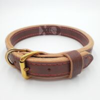 1" Brown Latigo Leather 2-Ply, Heavy Duty Working Collar, Red Stitch, Solid Brass Hardware, Neck Size 17-21"