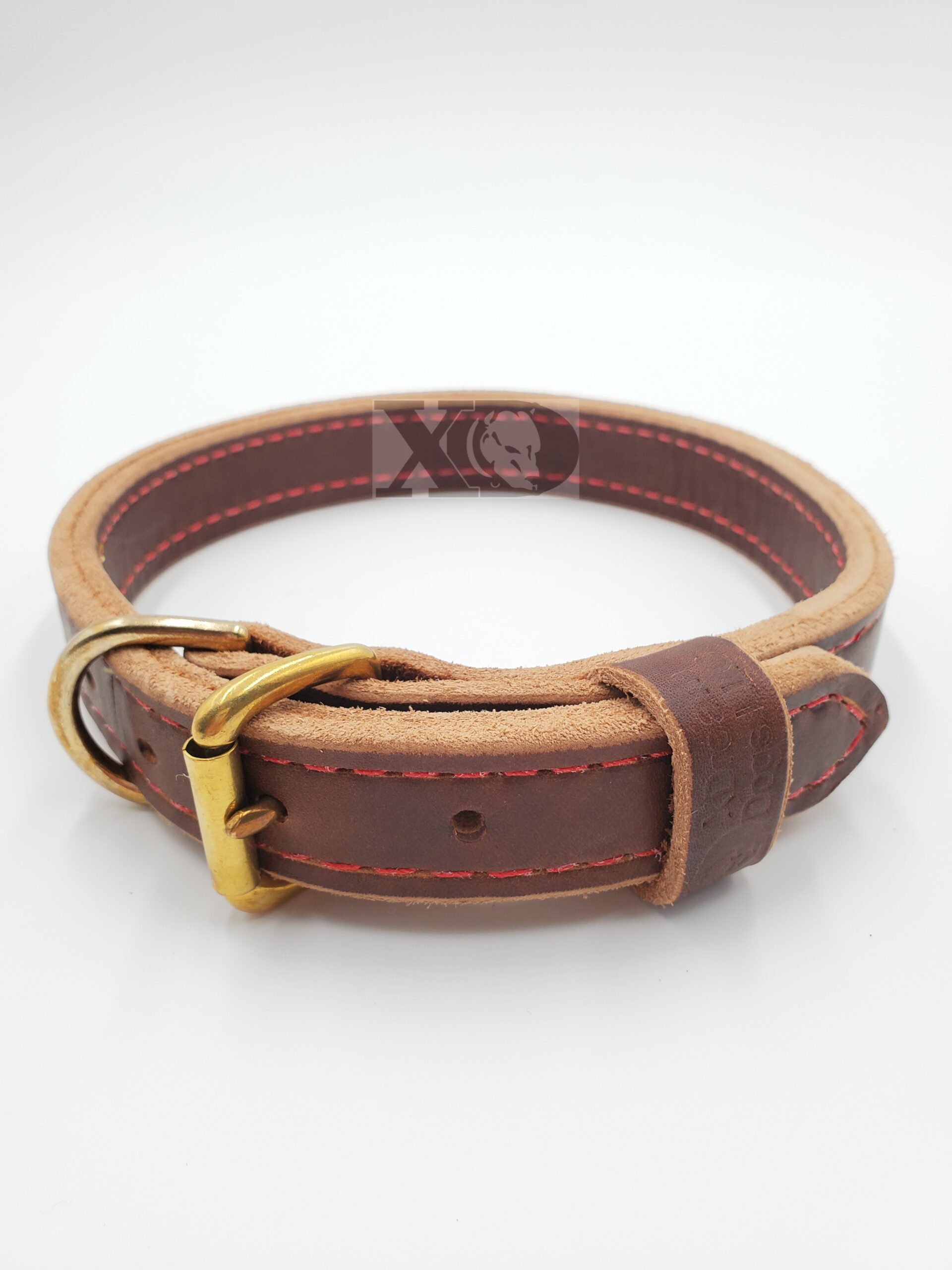 1" Brown Latigo Leather 2-Ply, Heavy Duty Working Collar, Red Stitch, Solid Brass Hardware, Neck Size 17-21"