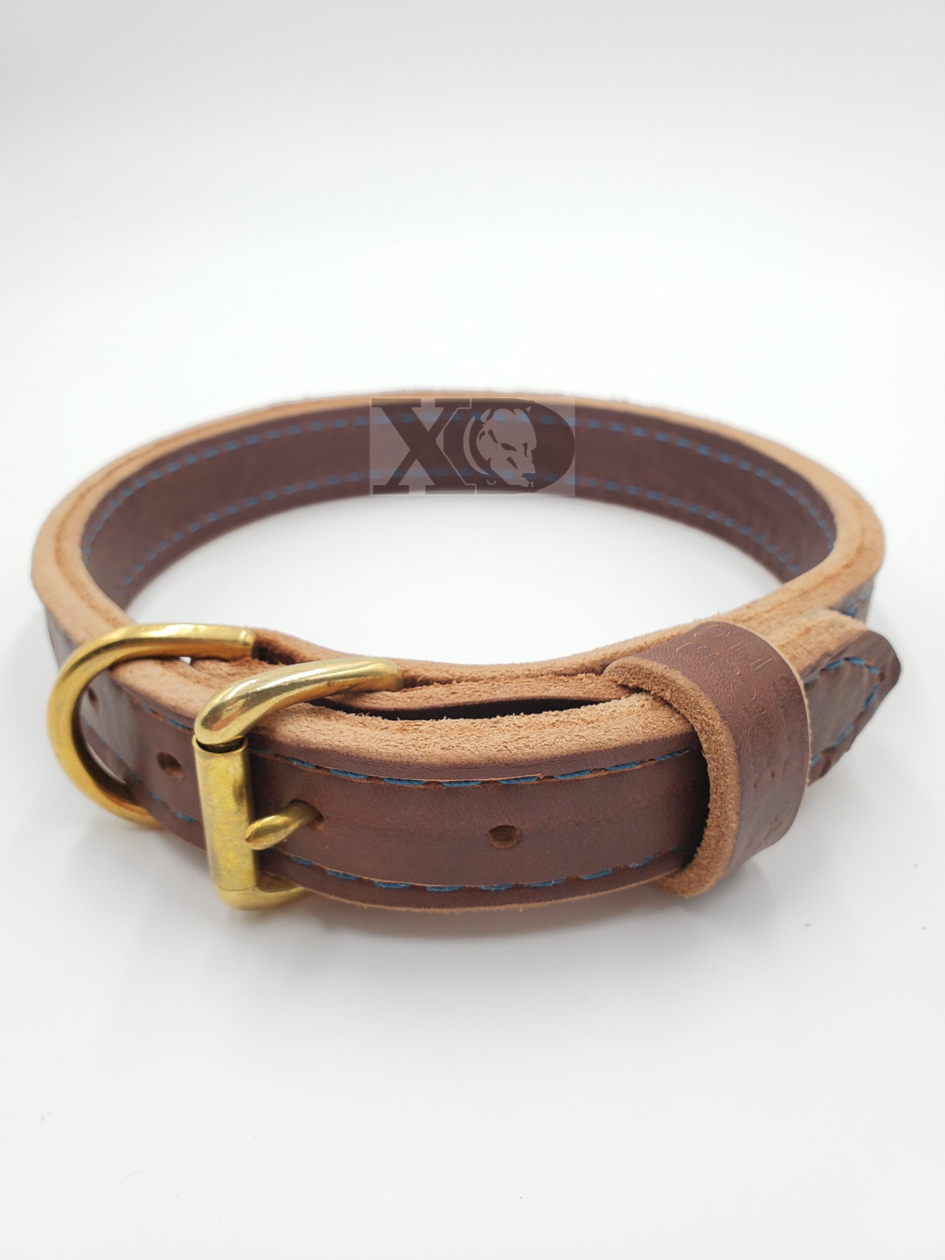 1" Brown Latigo Leather 2-Ply, Heavy Duty Working Collar, Navy Stitch, Solid Brass Hardware, Neck Size 17-21"