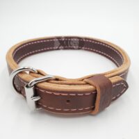 1" Brown Latigo Leather 2-Ply, Heavy Duty Working Collar, Pink Stitch, Stainless Steel Hardware, Neck Size 18-22"