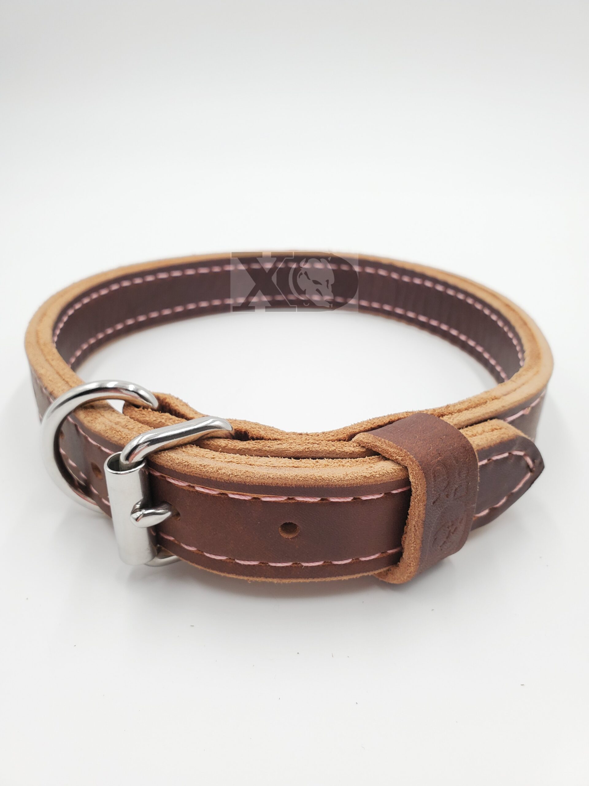 1" Brown Latigo Leather 2-Ply, Heavy Duty Working Collar, Pink Stitch, Stainless Steel Hardware, Neck Size 18-22"