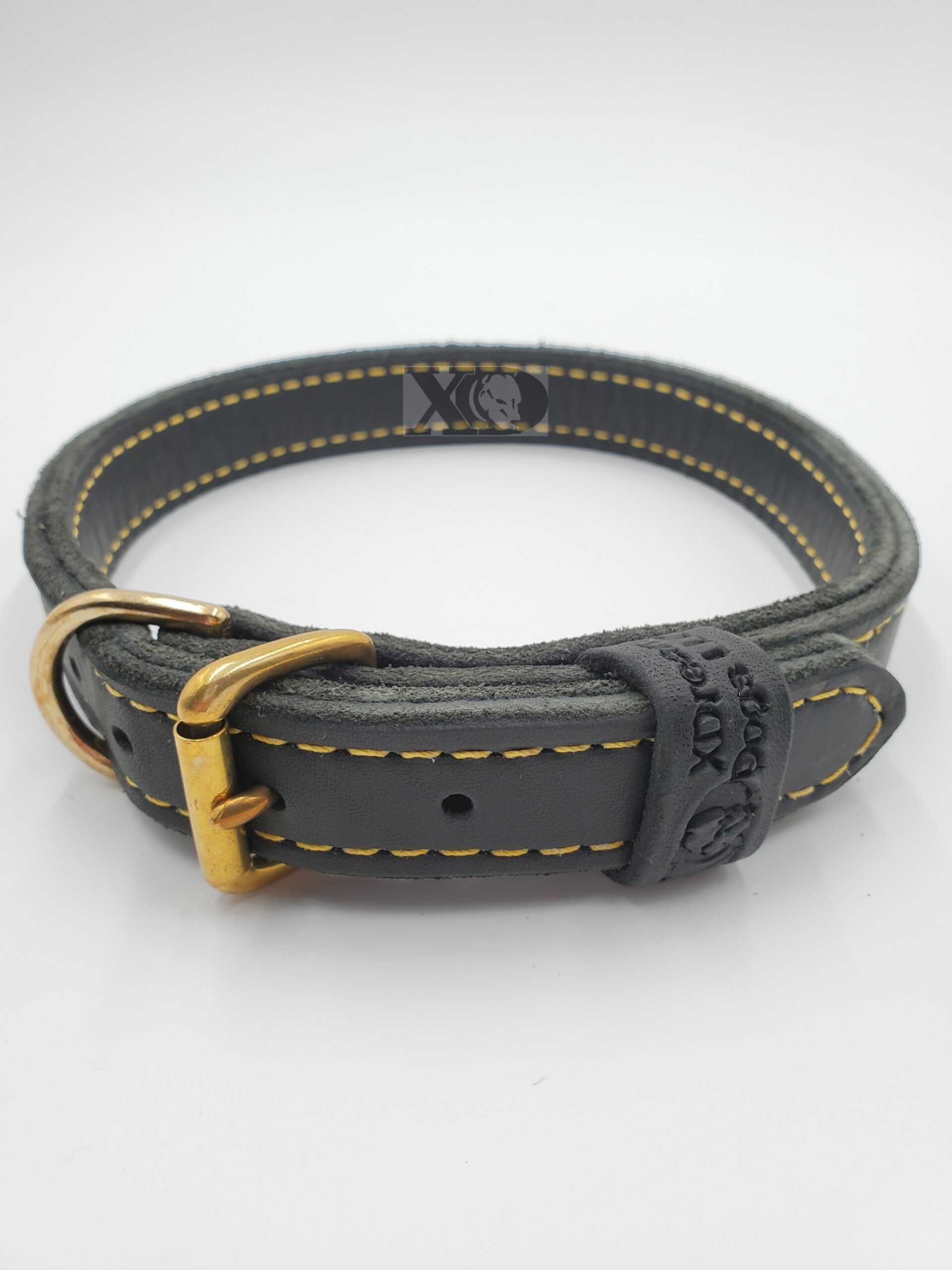 1" Black Latigo Leather 2-Ply, Heavy Duty Working Collar, Yellow Stitch, Solid Brass Hardware, Neck Size 19-23"