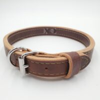 1" Brown Latigo Leather 2-Ply, Heavy Duty Working Collar, Olive Stitch, Stainless Steel Hardware, Neck Size 19-23"
