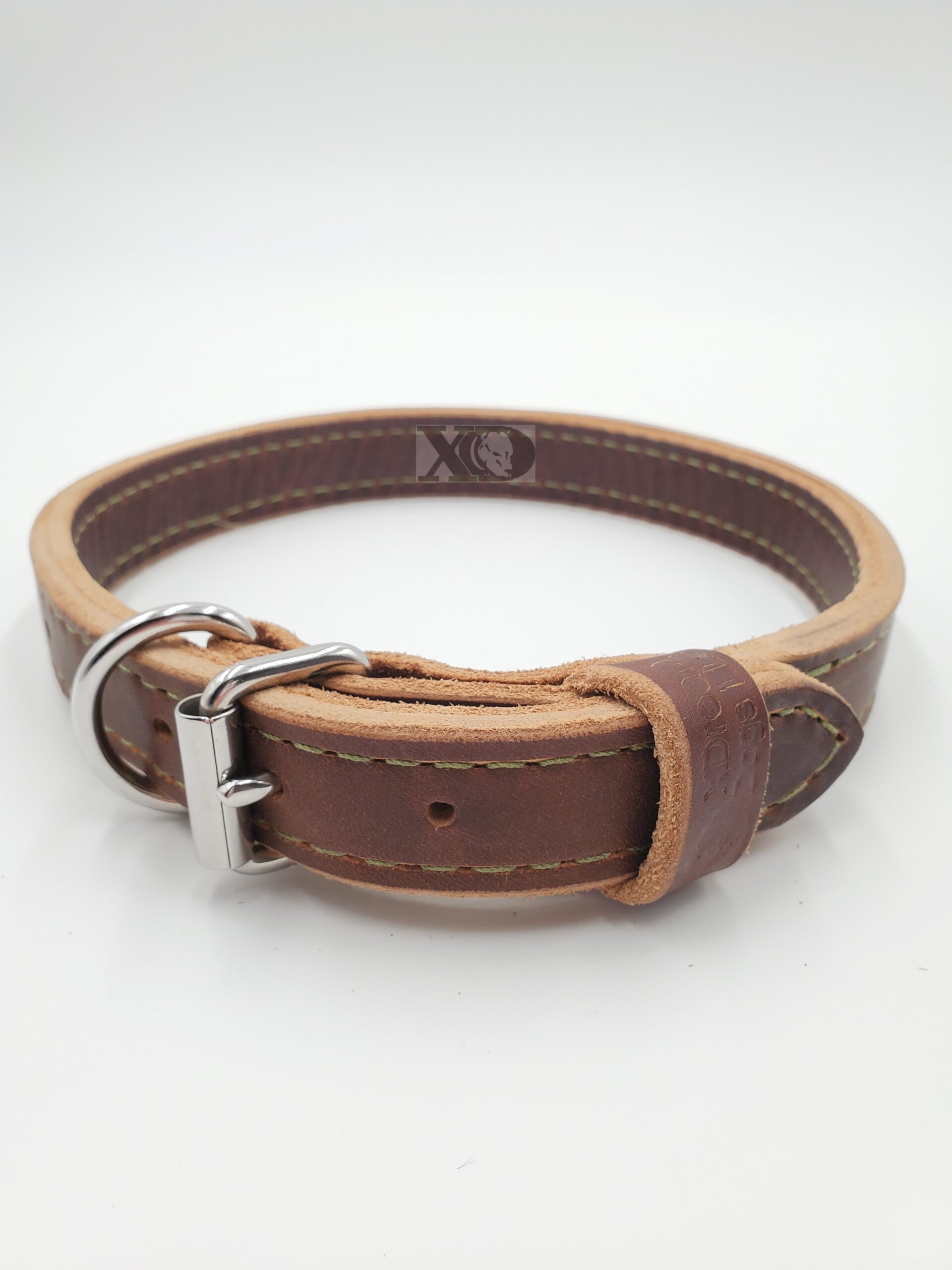 1" Brown Latigo Leather 2-Ply, Heavy Duty Working Collar, Olive Stitch, Stainless Steel Hardware, Neck Size 19-23"