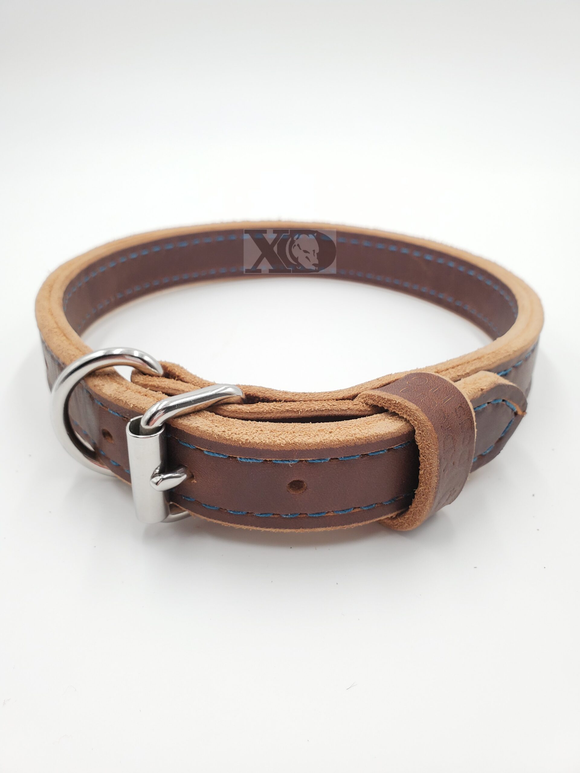1" Brown Latigo Leather 2-Ply, Heavy Duty Working Collar, Navy Stitch, Stainless Steel Hardware, Neck Size 19-23"