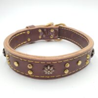 1" Brown Latigo Leather 2-Ply, Heavy Duty Working Collar, Yellow Stitch, Solid Brass Hardware, Flower Conchos, Neck Size 18-22"