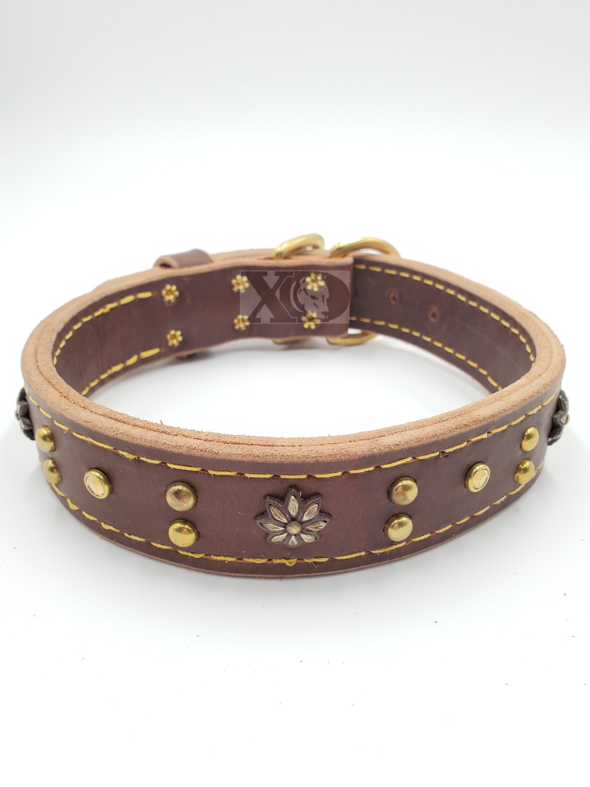 1" Brown Latigo Leather 2-Ply, Heavy Duty Working Collar, Yellow Stitch, Solid Brass Hardware, Flower Conchos, Neck Size 18-22"