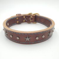 1.5" Brown Latigo Leather 2-Ply, Heavy Duty Working Collar, Blue Stitch, Solid Brass Hardware, Star Conchos, Neck Size 18-22"