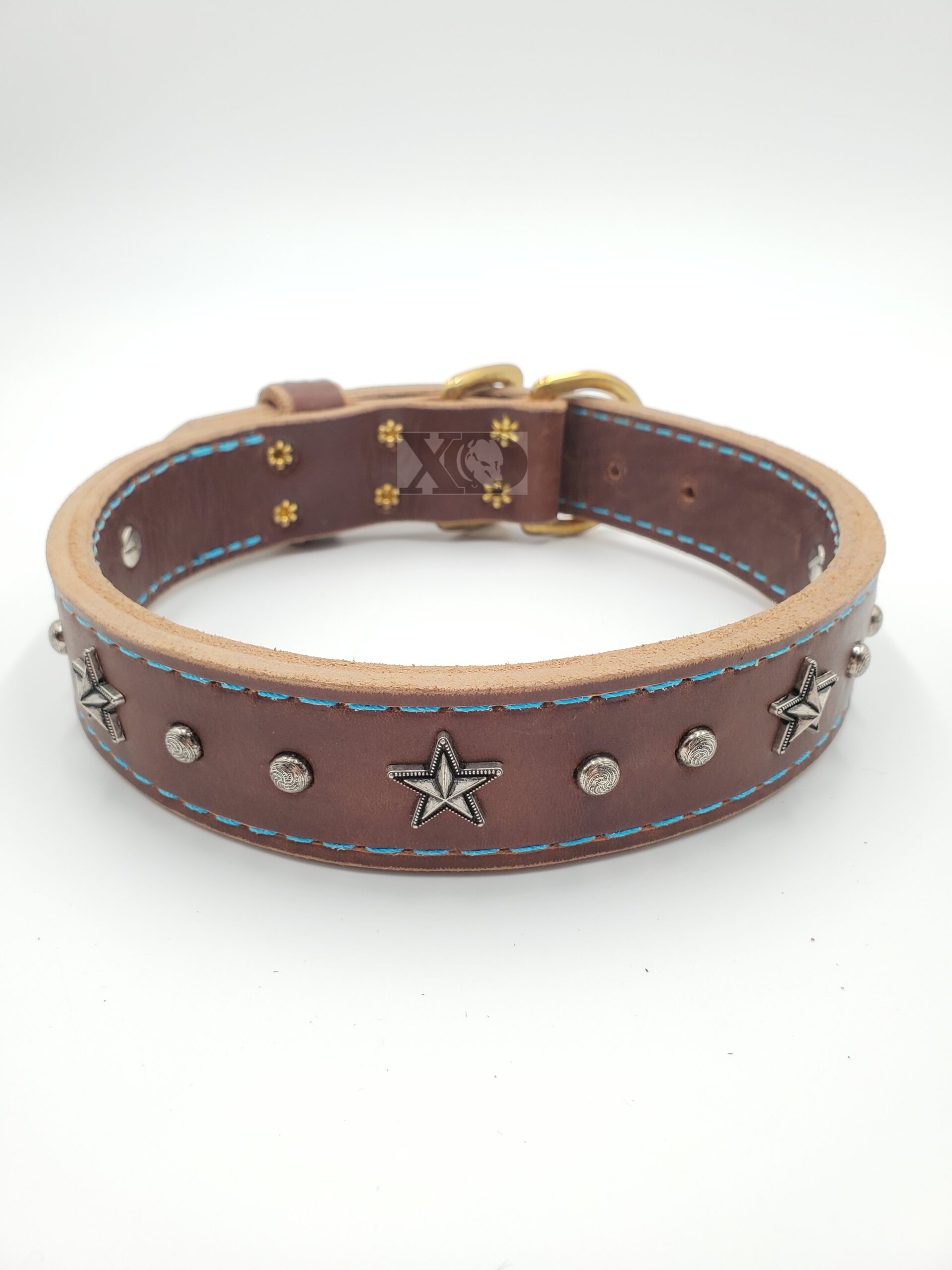 1.5" Brown Latigo Leather 2-Ply, Heavy Duty Working Collar, Blue Stitch, Solid Brass Hardware, Star Conchos, Neck Size 18-22"