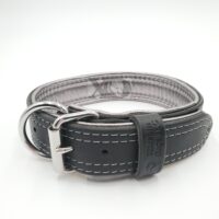 1.5" Black Latigo Leather Collar, Lined with Silver Deerskin, Silver Stitch, Stainless Steel Hardware, Neck Size 18-22"