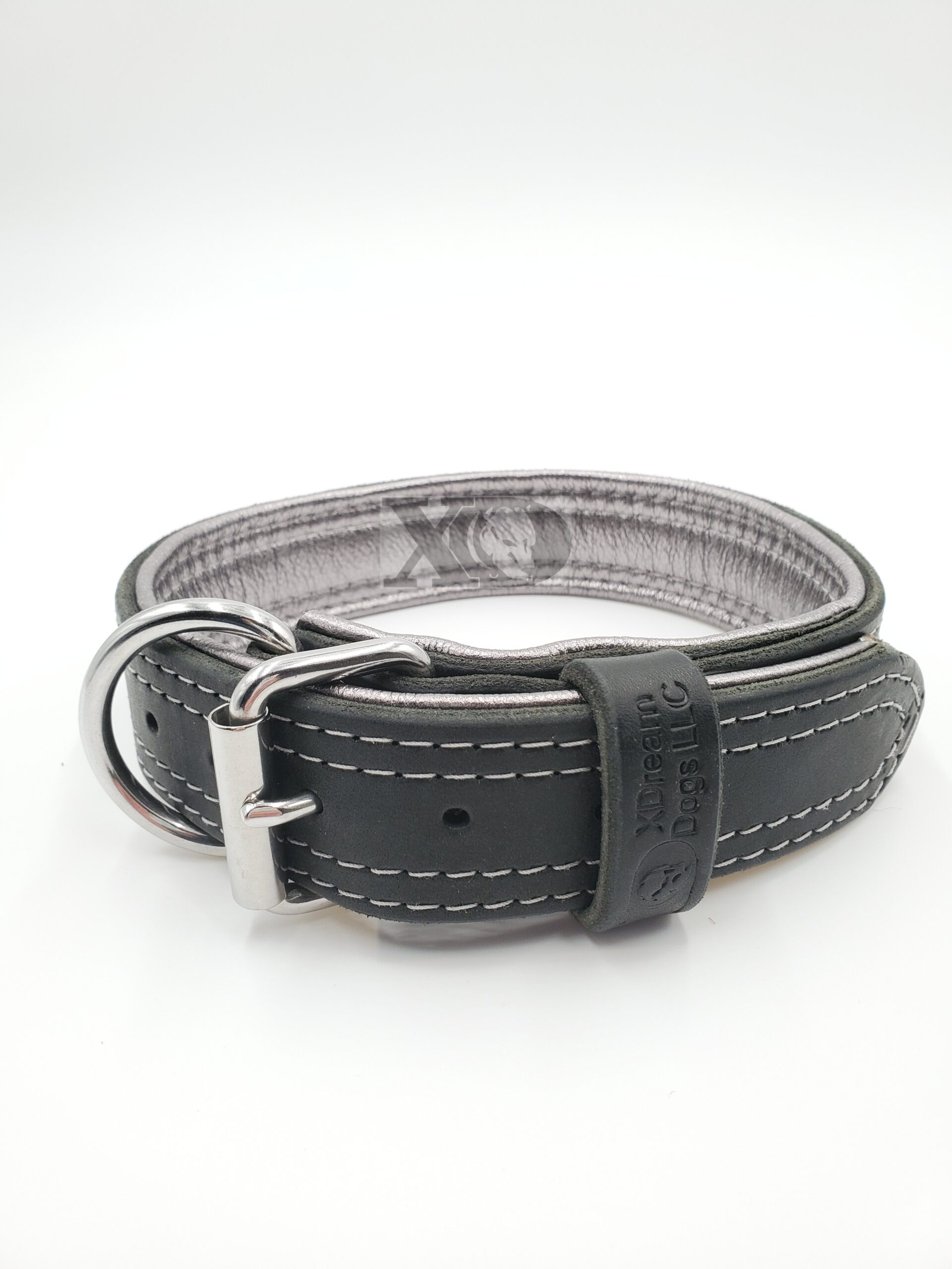 1.5" Black Latigo Leather Collar, Lined with Silver Deerskin, Silver Stitch, Stainless Steel Hardware, Neck Size 18-22"