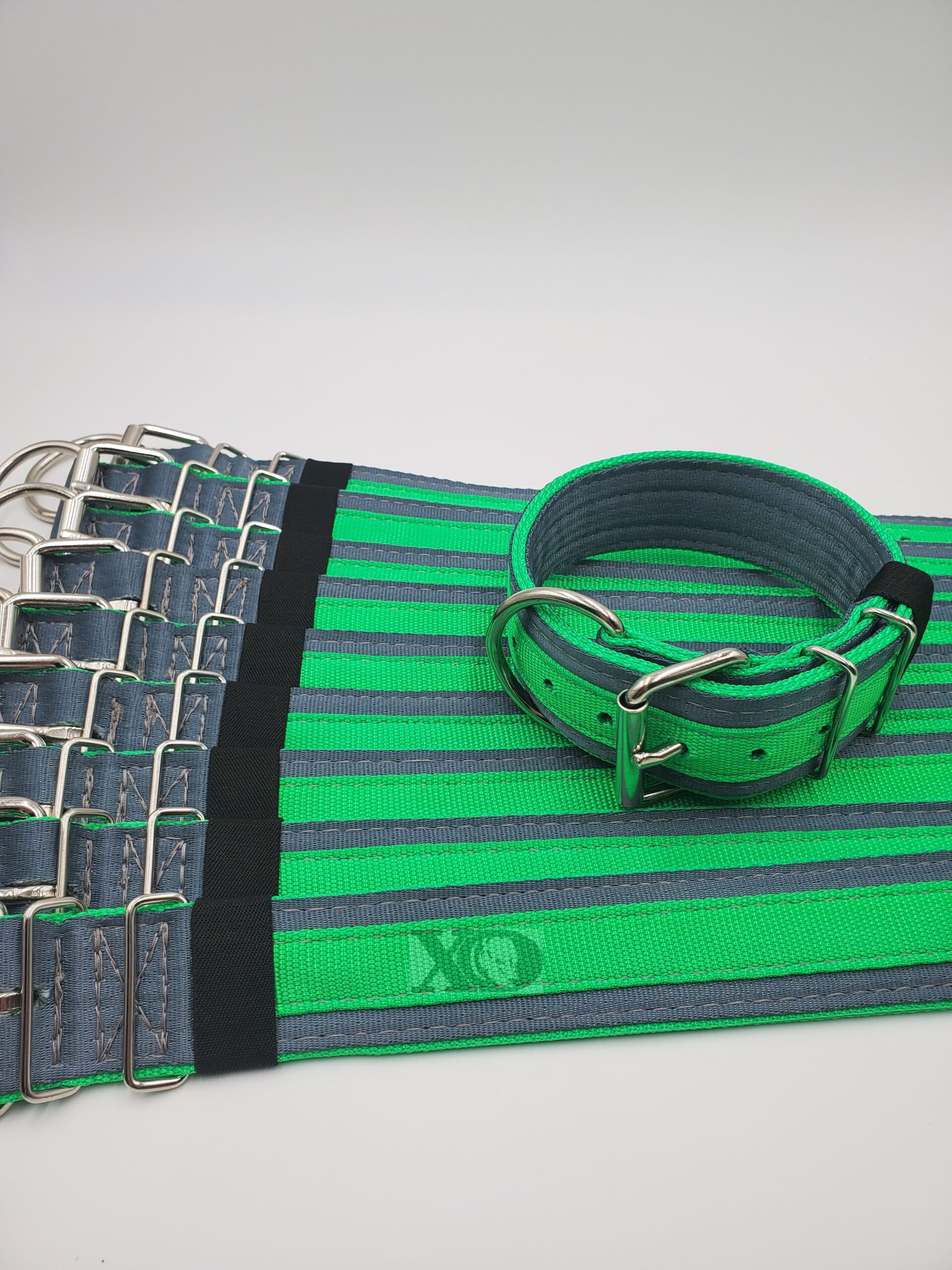 2" Wide Kennel Pack, Grey Seat Belt Outer, Hot Green Inner & Stripe, Grey Stitch, Size 15-20"