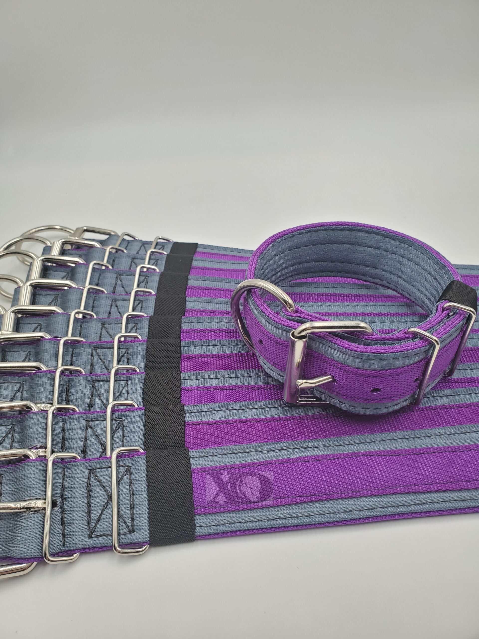 2" Wide Kennel Pack, Grey Seat Belt Outer, Purple Inner & Stripe, Black Stitch, Size 15-20"