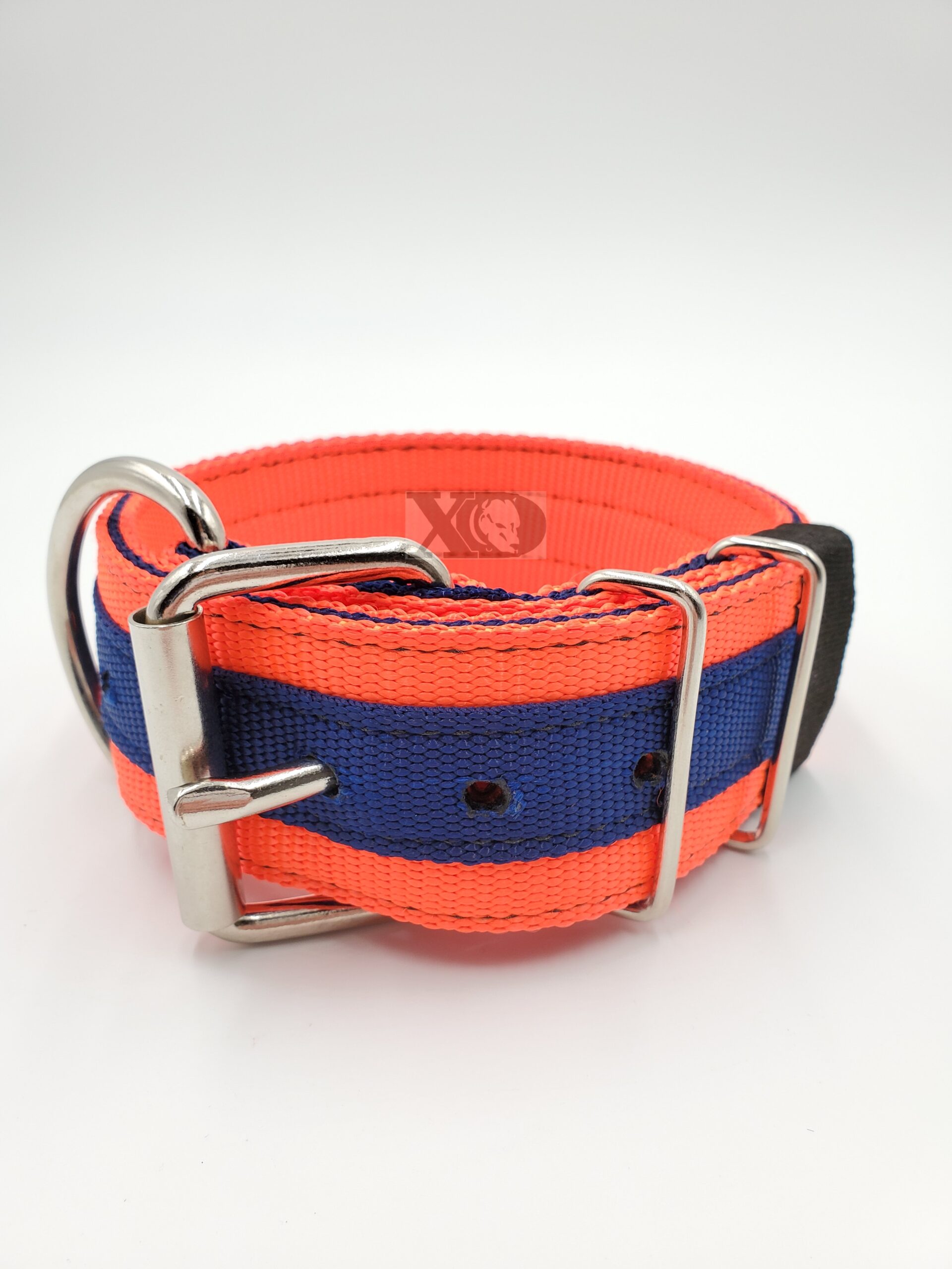 2" Nylon Collar- Hot Orange Outer, Navy Blue Inner and Stripe, Black Stitch, Neck Size 14-19"