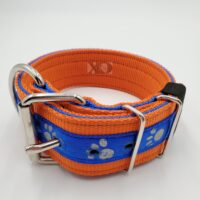 2" Nylon Collar- Pumpkin Outer, Royal Blue Inner, Puppy Paws Blue Stripe, Blue Stitch, Neck Size 15-20"