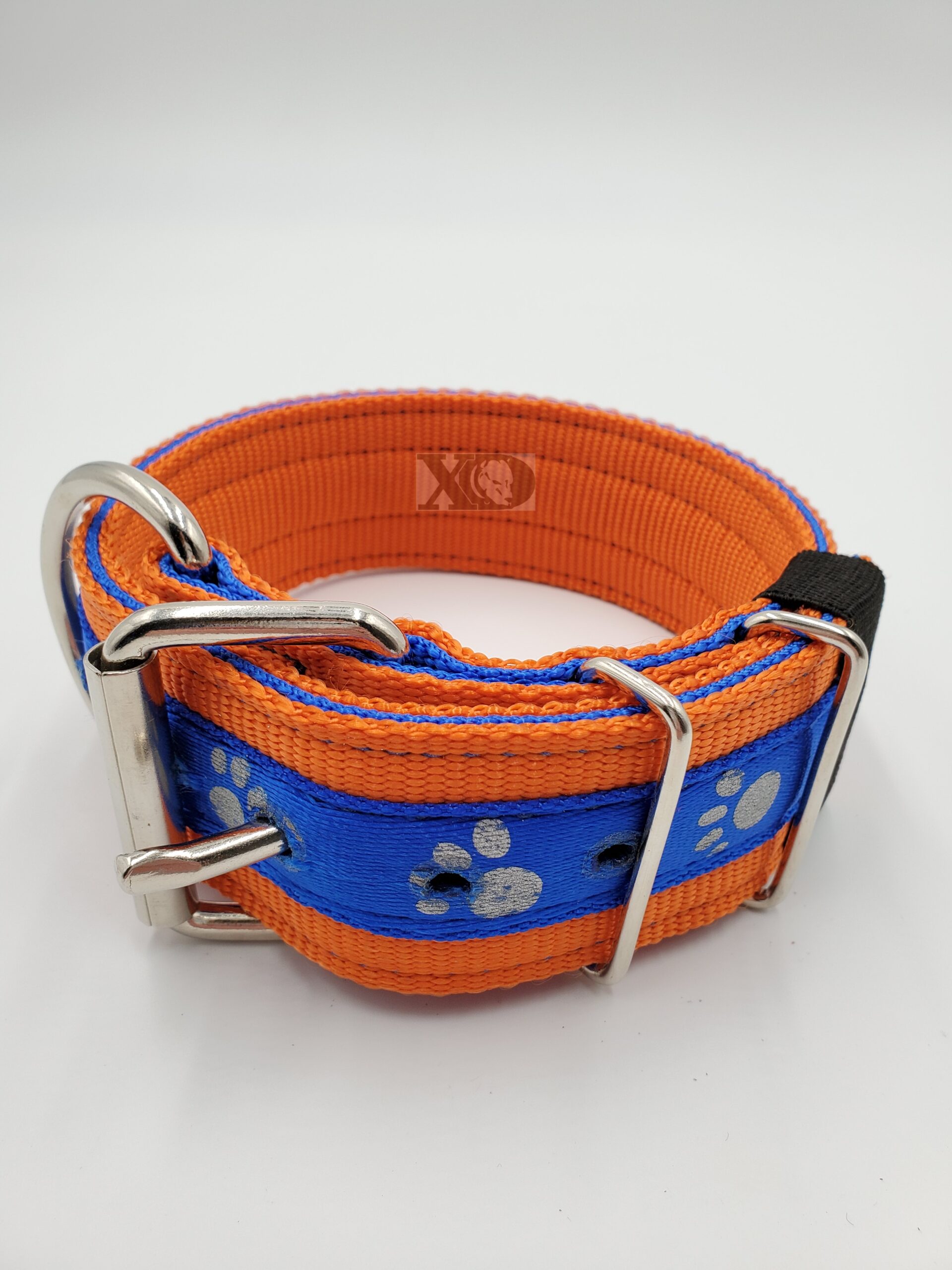2" Nylon Collar- Pumpkin Outer, Royal Blue Inner, Puppy Paws Blue Stripe, Blue Stitch, Neck Size 15-20"
