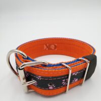 2" Nylon Collar- Pumpkin Outer, Navy Blue Inner, Pink Paws Stripe, Black Stitch, Neck Size 16-21"