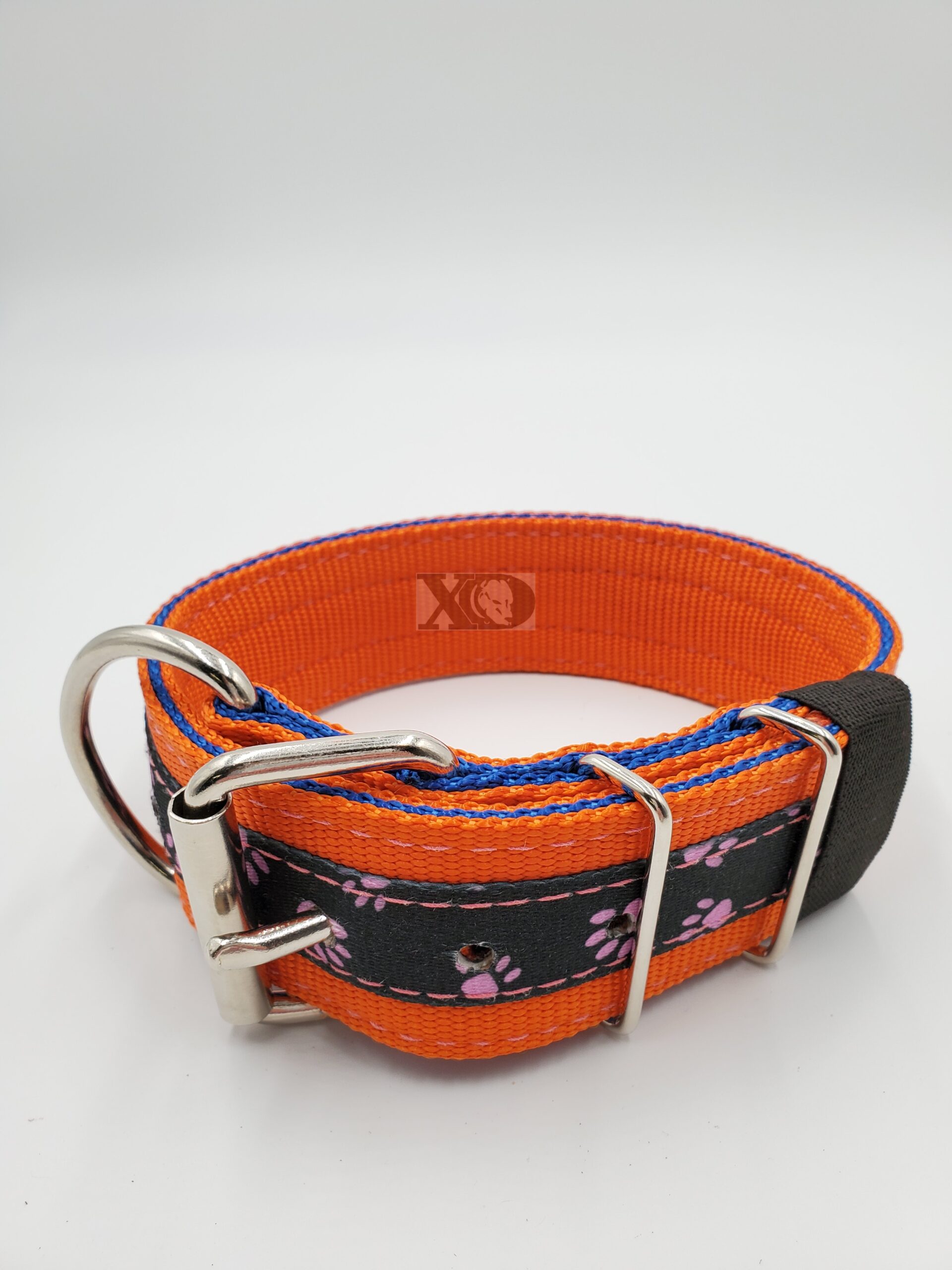 2" Nylon Collar- Pumpkin Outer, Navy Blue Inner, Pink Paws Stripe, Black Stitch, Neck Size 16-21"
