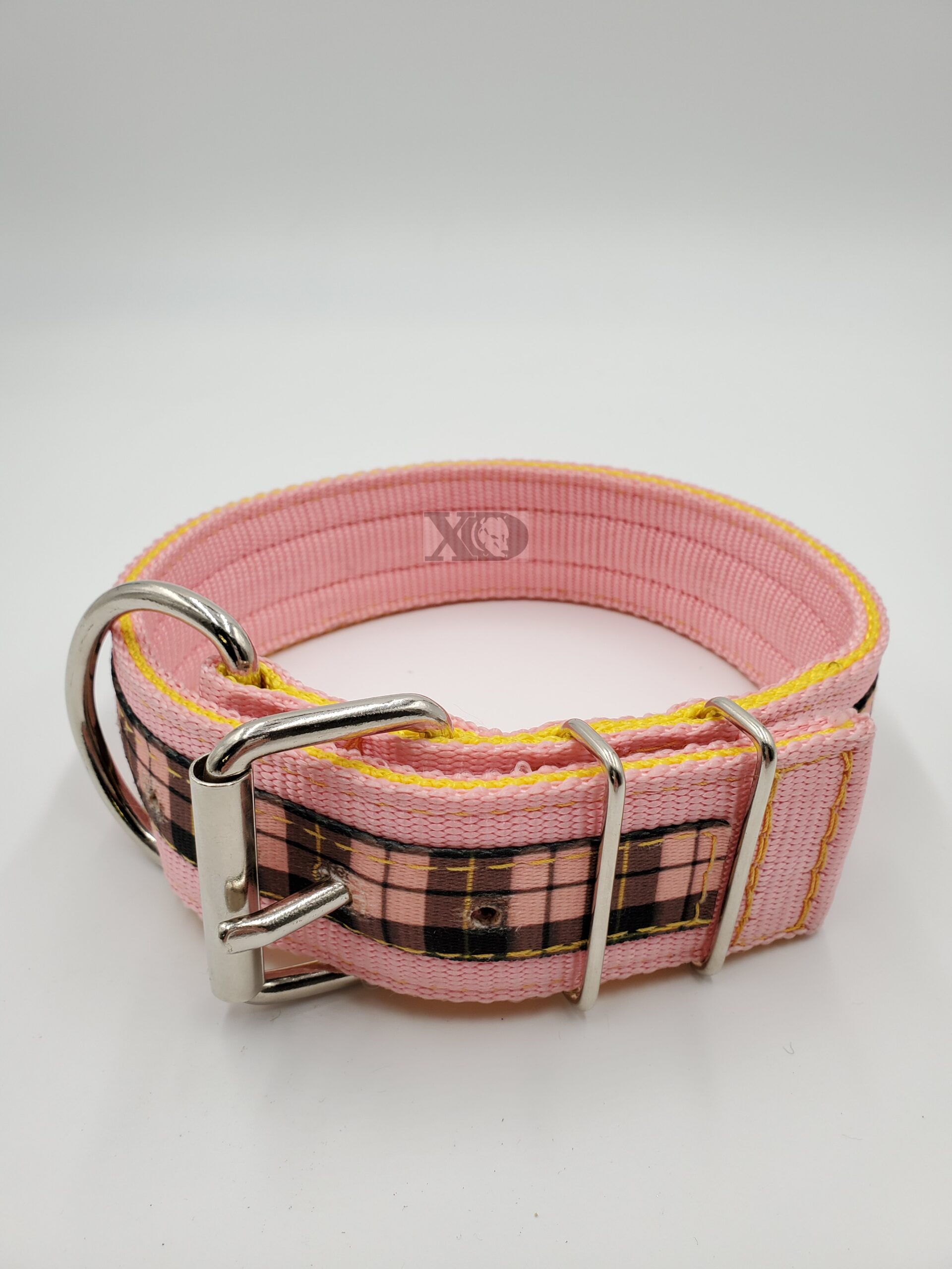 2" Nylon Collar- Pink Outer, Hot Yellow Inner, Pink Tartan Stripe, Yellow Stitch, Neck Size 19-24"