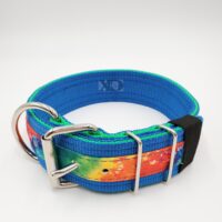 2" Nylon Collar- Pacific Blue Outer, Hot Green Inner, Tie Dye Stripe, Blue Stitch, Neck Size 20-25"