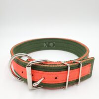 2" Nylon Collar- Olive Outer, Hot Orange Inner and Stripe, Grey Stitch, Neck Size 25-30"