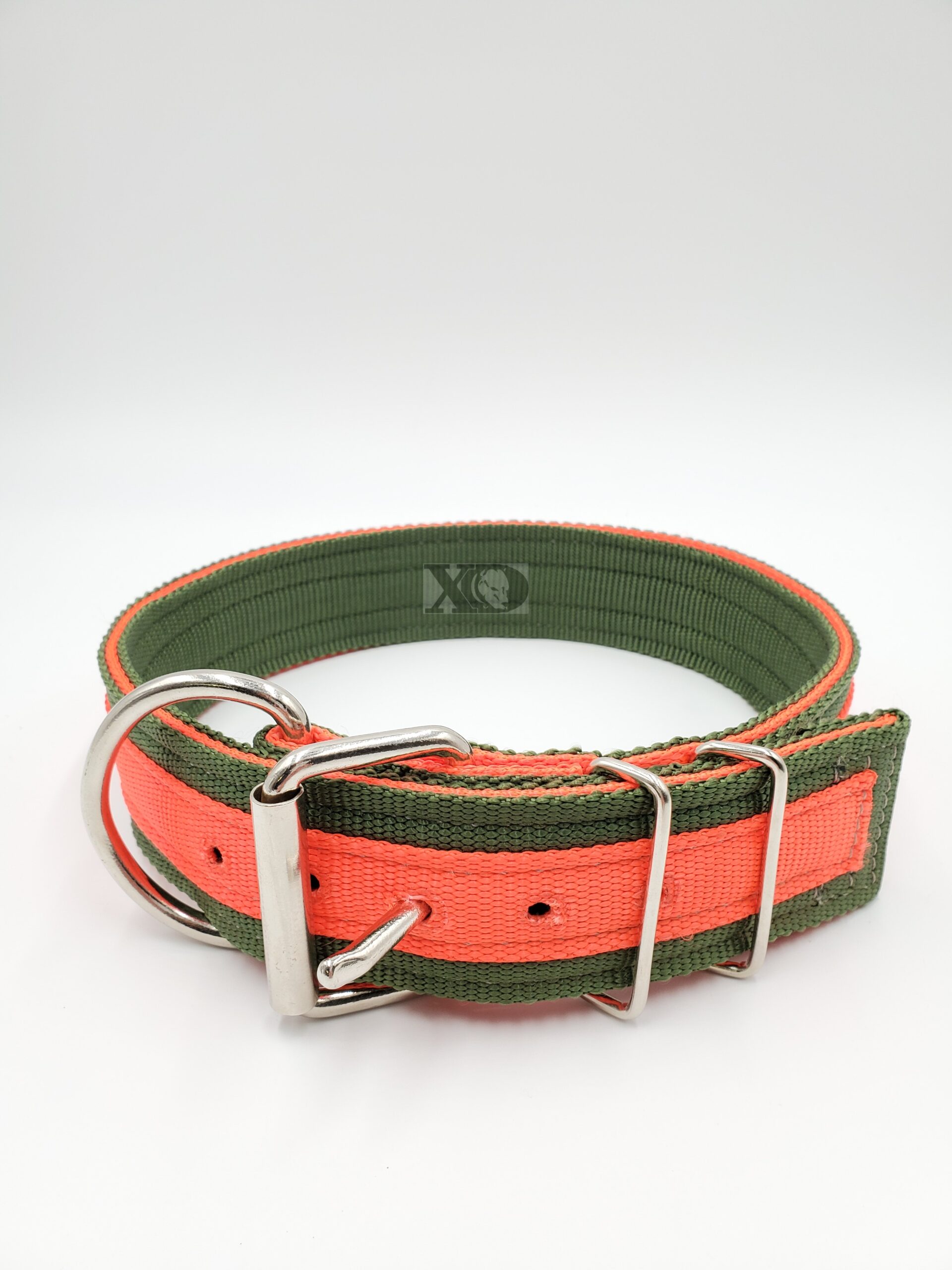 2" Nylon Collar- Olive Outer, Hot Orange Inner and Stripe, Grey Stitch, Neck Size 25-30"