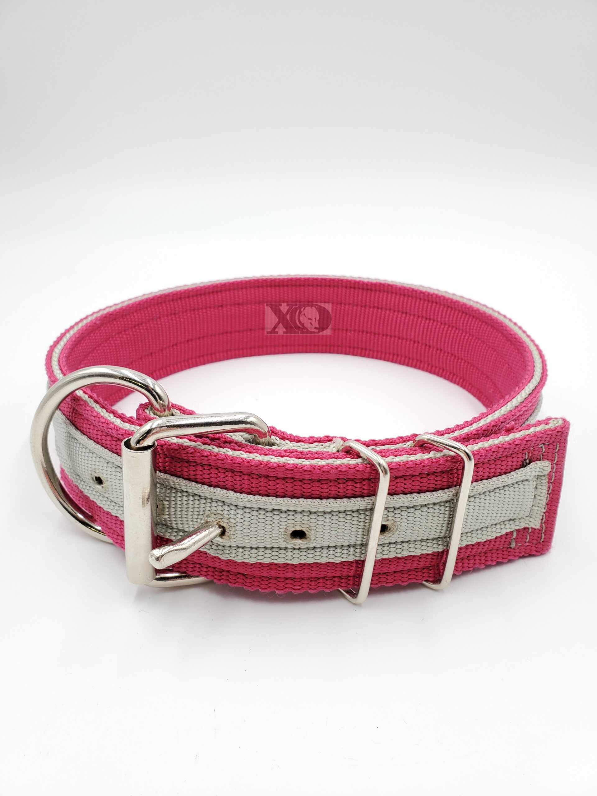 2" Nylon Collar- Raspberry Outer, Grey Inner and Stripe, Grey Stitch, Neck Size 25-30"