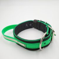 2" Nylon Collar, Black Outer, Hot Green Inner and Stripe, Green Glow Handle, Black Stitch, Neck Size 17-22"