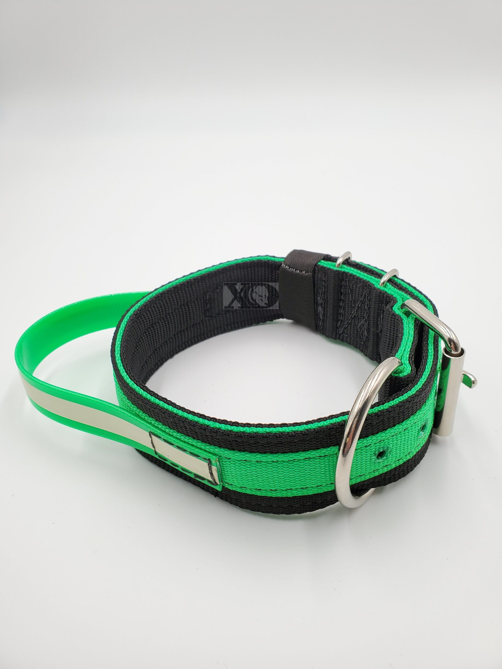 2" Nylon Collar, Black Outer, Hot Green Inner and Stripe, Green Glow Handle, Black Stitch, Neck Size 17-22"