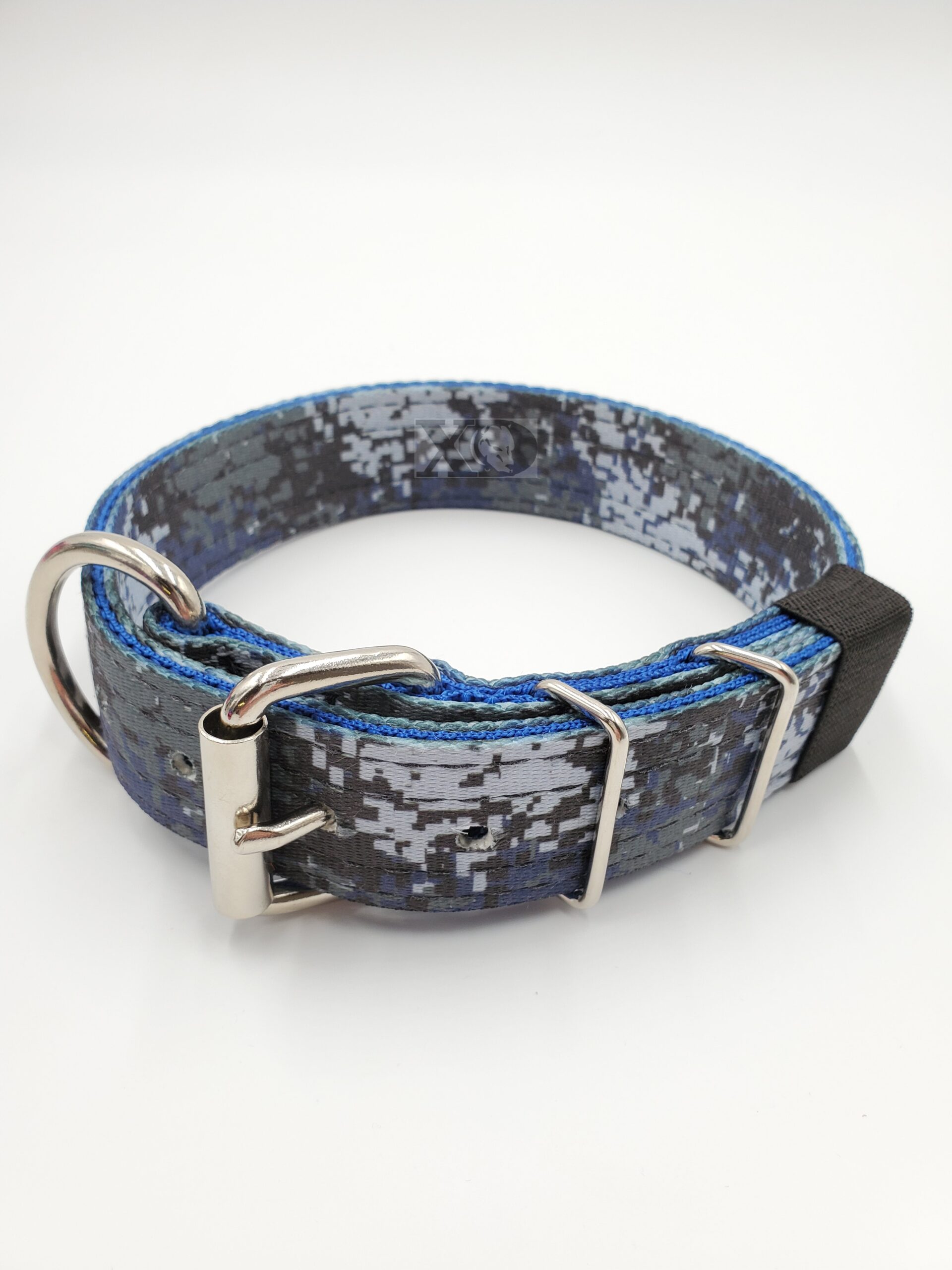 1.5" Nylon Collar- Digital Camo Blue Outer, Pacific Blue Inner, Black Stitch, Neck Size 16-21"