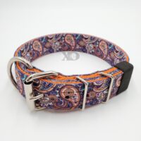1.5" Nylon Collar- Purple Paisley Outer, Pumpkin Inner, Black Stitch, Neck Size 17-22"