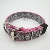 1.5" Nylon Collar- Grey Paisley Outer, Hot Pink Inner, Black Stitch, Neck Size 17-22"
