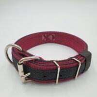 1.5" Nylon Collar- Burgundy Outer, Black Inner and Stripe, Black Stitch, Stainless Steel Hardware, Neck Size 17-22"