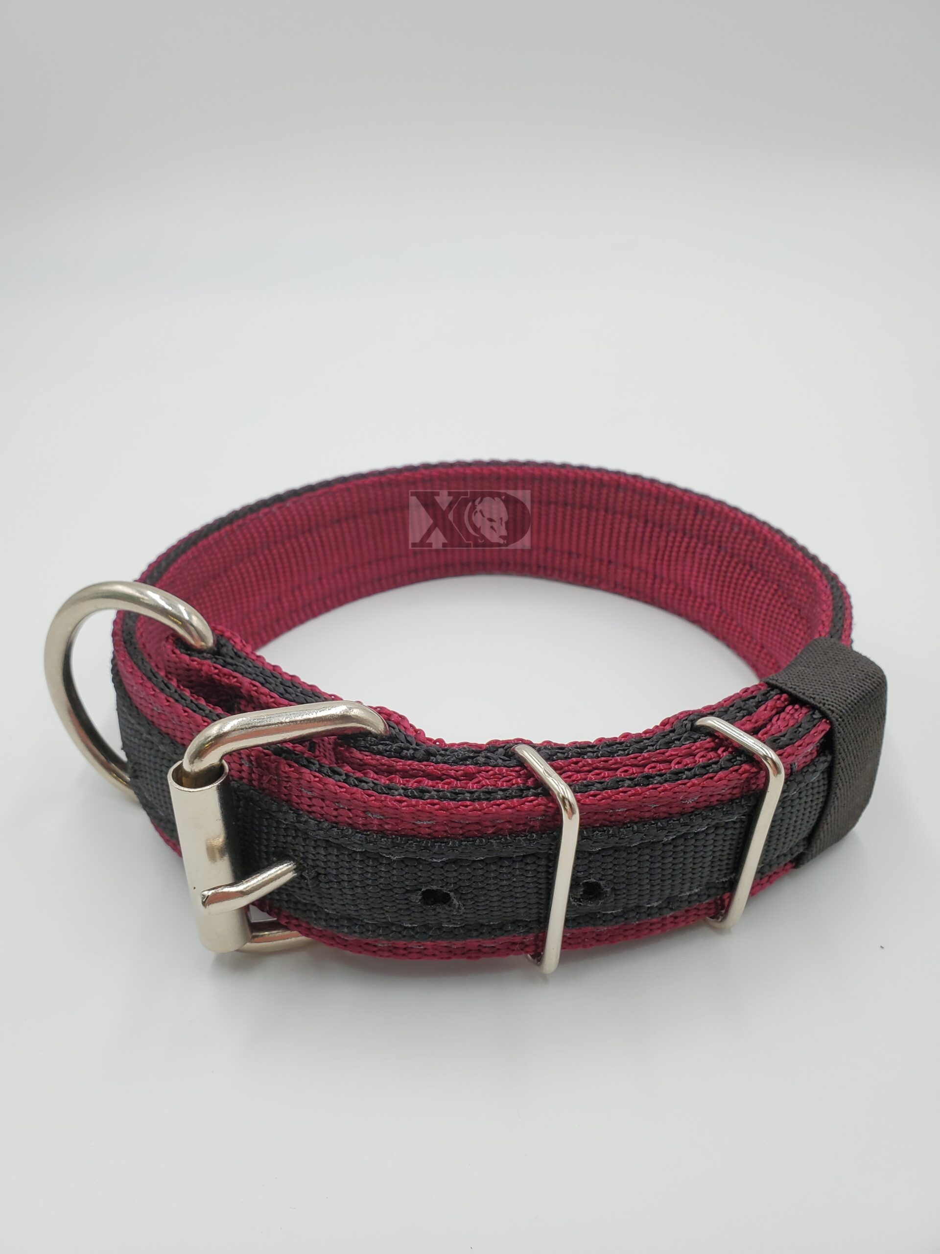 1.5" Nylon Collar- Burgundy Outer, Black Inner and Stripe, Black Stitch, Stainless Steel Hardware, Neck Size 17-22"