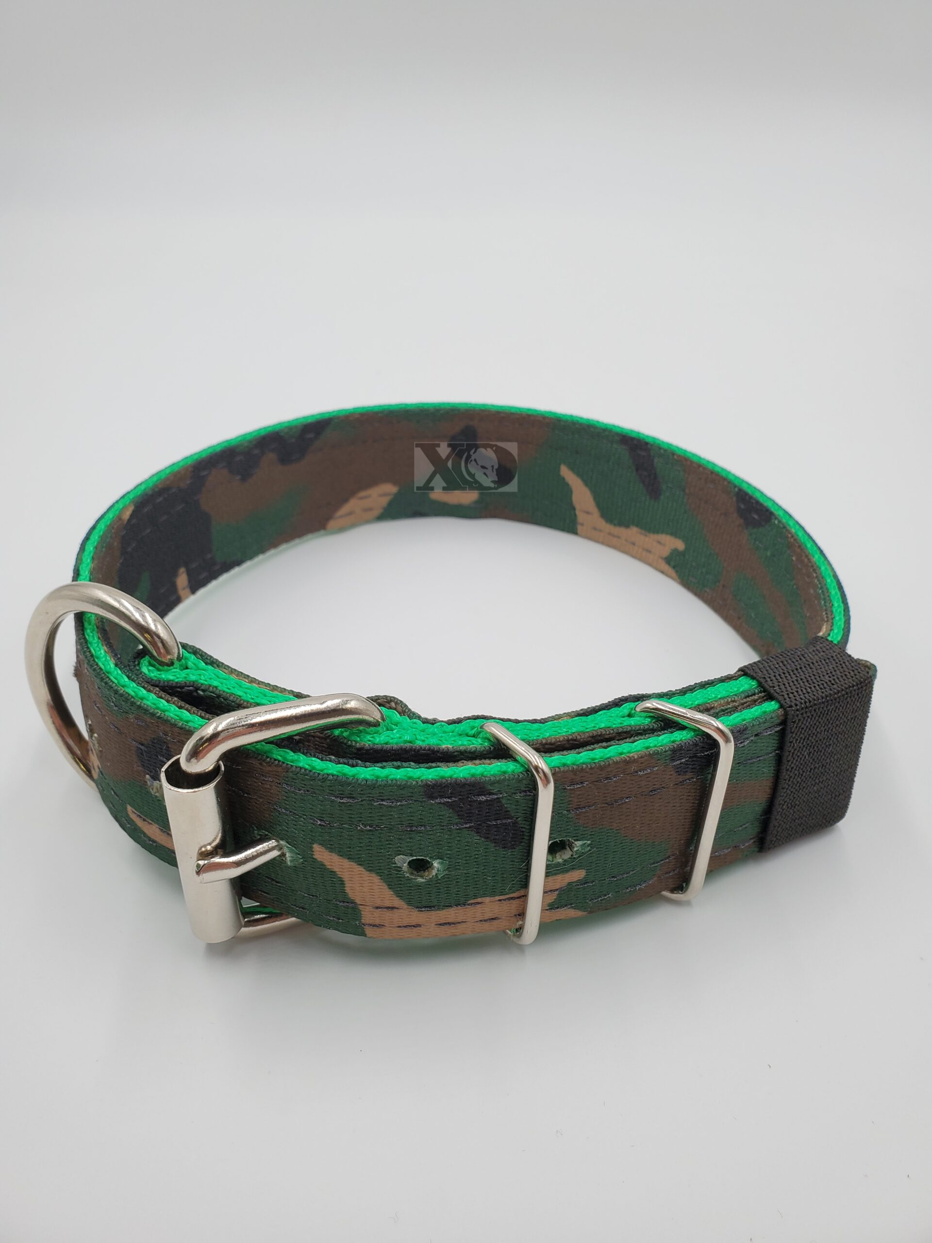 1.5" Nylon Collar- Camo Outer, Hot Green Inner, Black Stitch, Neck Size 18-23"