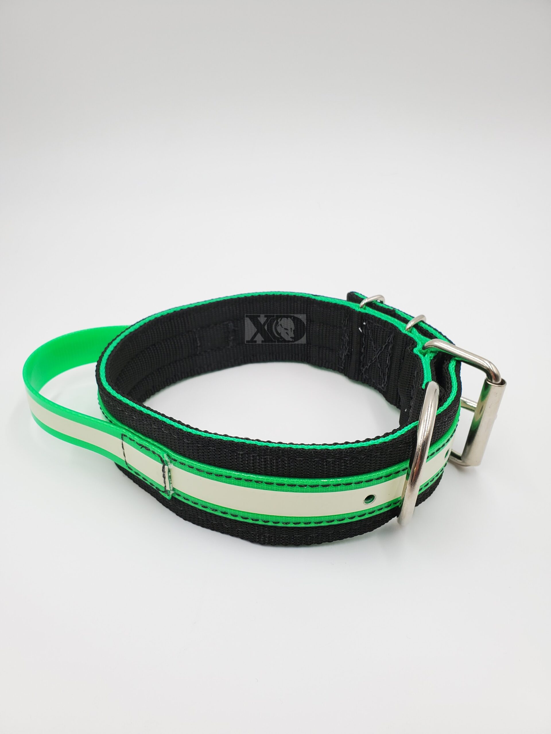 2" Nylon Collar, Black Outer, Hot Green Inner, Green Glow Stripe and Handle, Black Stitch, Stainless Steel Hardware, Neck Size 19-24"