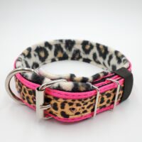 1.5" Fleece-Lined Collar, Hot Pink Outer, Black Inner, Leopard Stripe, Cheetah Fleece, Black Stitch, Neck Size 20-25"