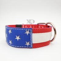 Custom 2" American Flag Collar, Light Red Outer, Royal Blue Inner and Keeper, White Stripe, Stars Patch, White Stitch