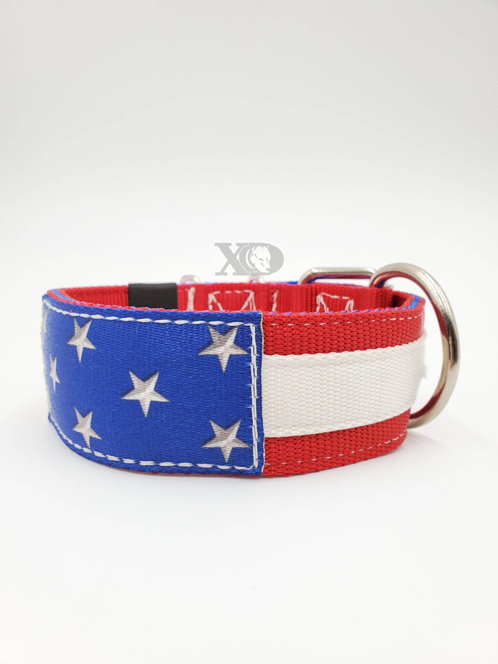 Custom 2" American Flag Collar, Light Red Outer, Royal Blue Inner and Keeper, White Stripe, Stars Patch, White Stitch