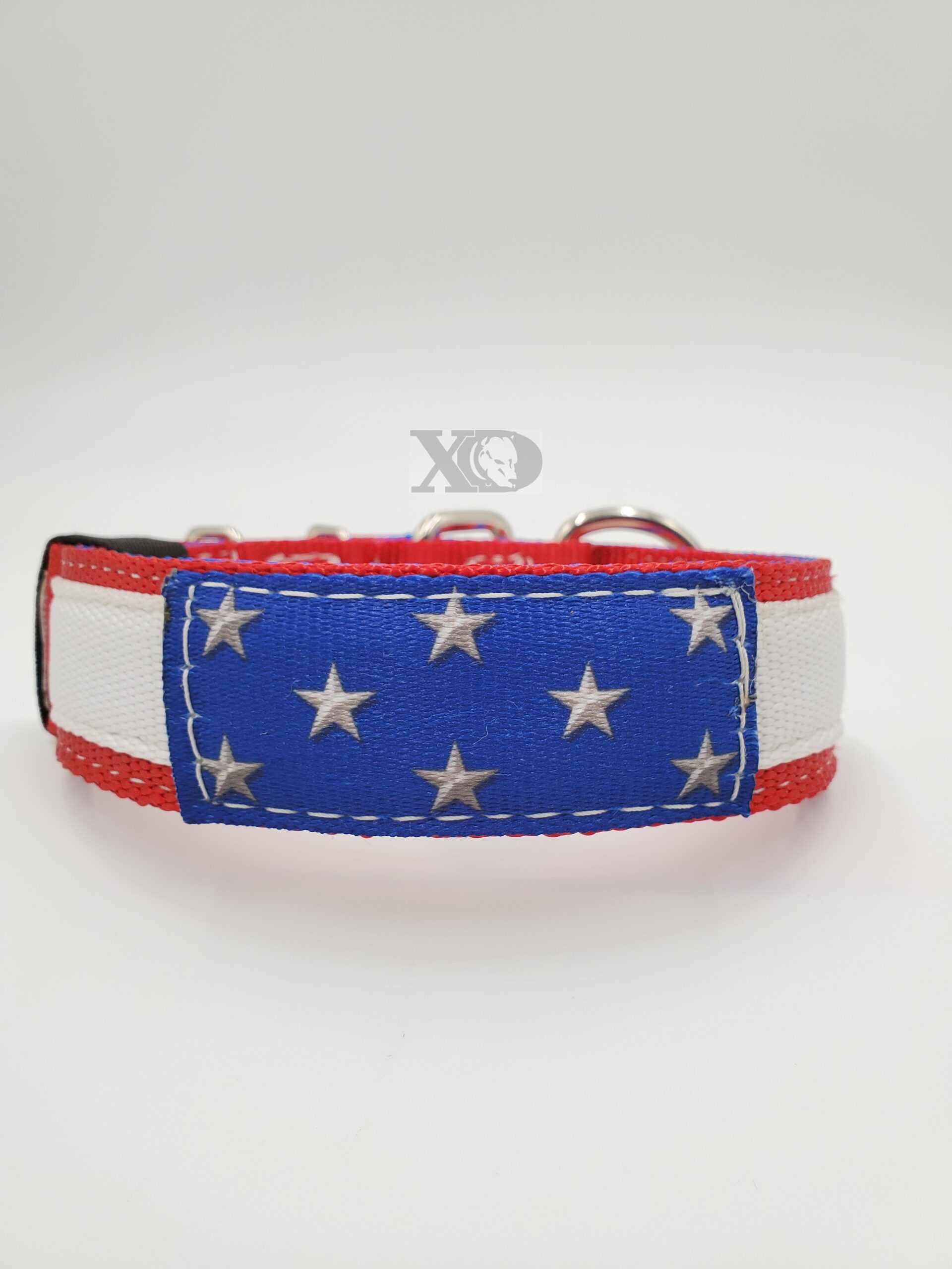 Custom 1.5" American Flag Collar, Light Red Outer, Royal Blue Inner, White Stripe, Stars Patch, White Stitch