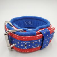 2" Fleece-Lined American Star Stripe Collar, Red Outer, White Inner, Stars Stripe and Keeper, Royal Blue Fleece, White Stitch, Size 15-20"