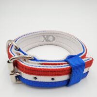 1.5" American Stripes Collar, White Outer, Royal Blue Inner and Keeper with Royal Blue and Light Red Stripes, Black Stitch, Size 15-20"
