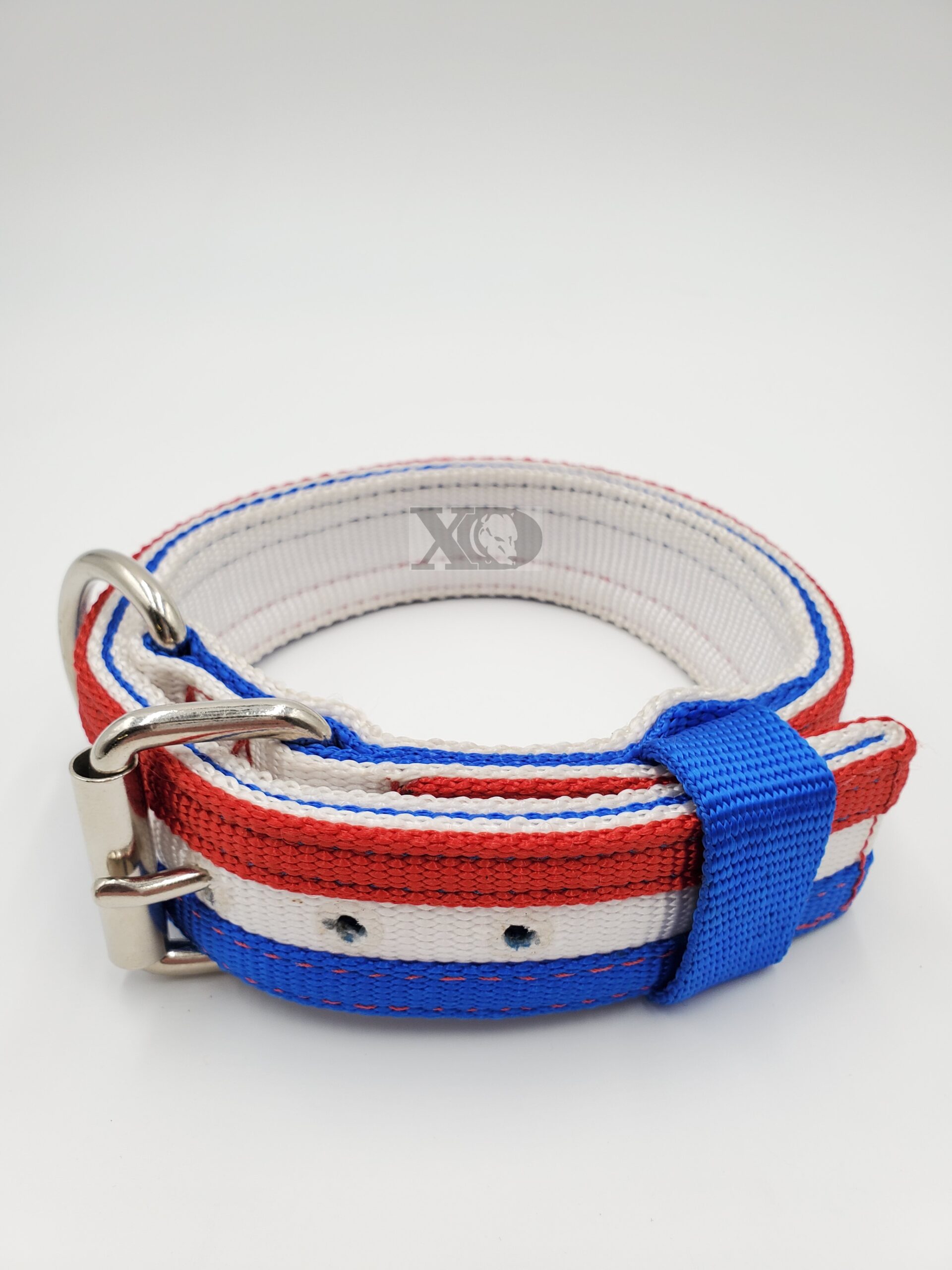 1.5" American Stripes Collar, White Outer, Royal Blue Inner and Keeper with Royal Blue and Light Red Stripes, Black Stitch, Size 15-20"