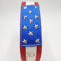 2" American Stars Collar, Light Red Outer, Royal Blue Inner/Keeper and White Stripe, Blue Patch with Star Conchos, White Stitch, Size 25-30"