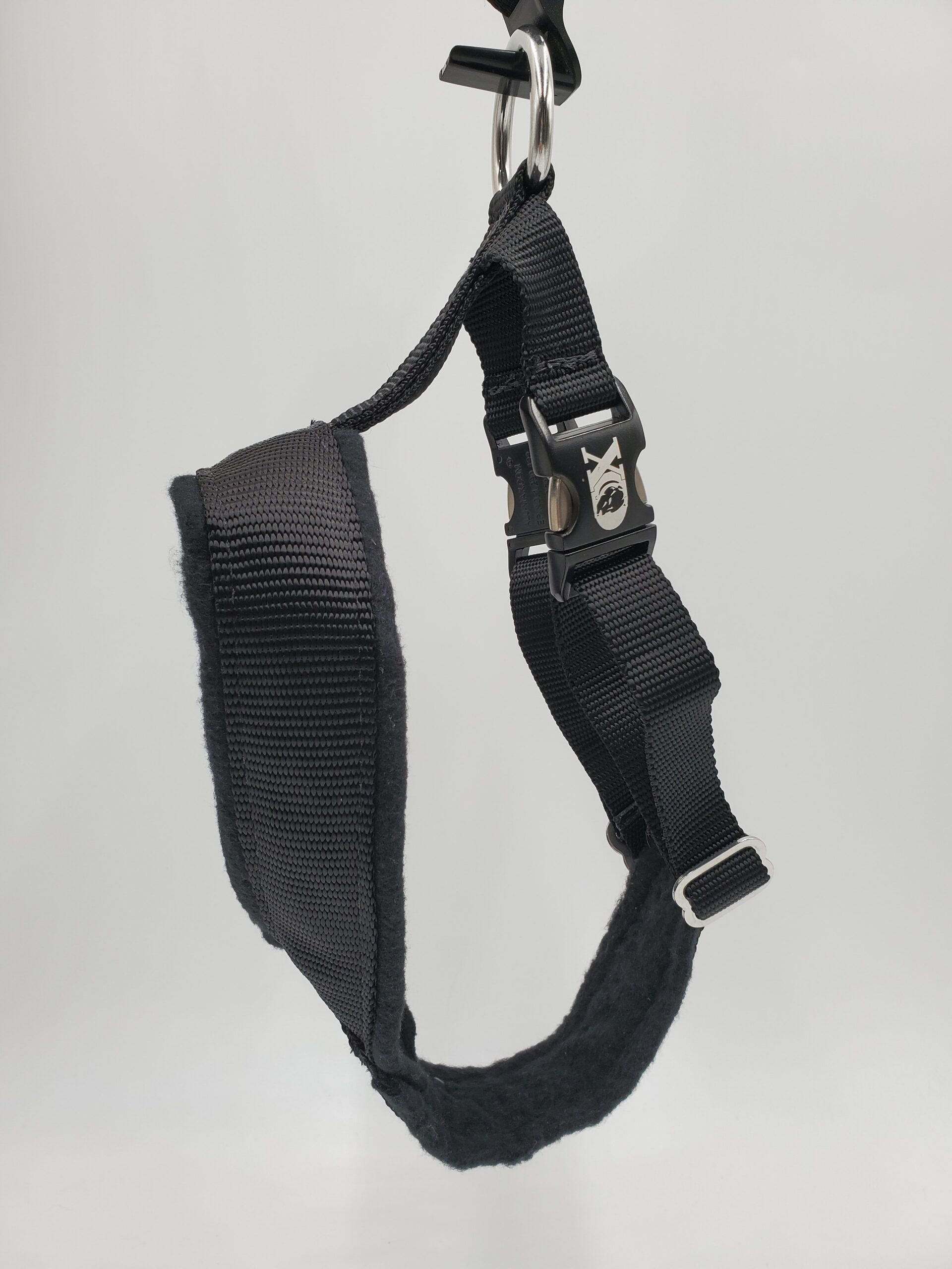 2" Nylon Fleece-Lined Harness, Black with Black Fleece, Black Aluminum Buckles, Size Small