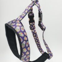 2" Nylon Fleece-Lined Harness, Sugar Skull Purple with Black Fleece, Black Aluminum Buckles, Size Small