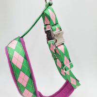 2" Nylon Fleece-Lined Harness, Green/Pink Argyle with Purple Fleece, Aluminum Buckles, Size Small